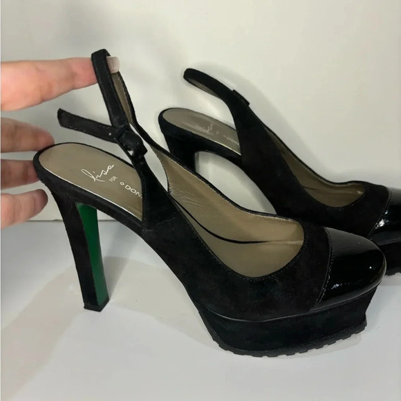 Lisa for Donald J Pliner Black Suede Patent Leather Heel 7.5 Green Bottom - Picture 15 of 15